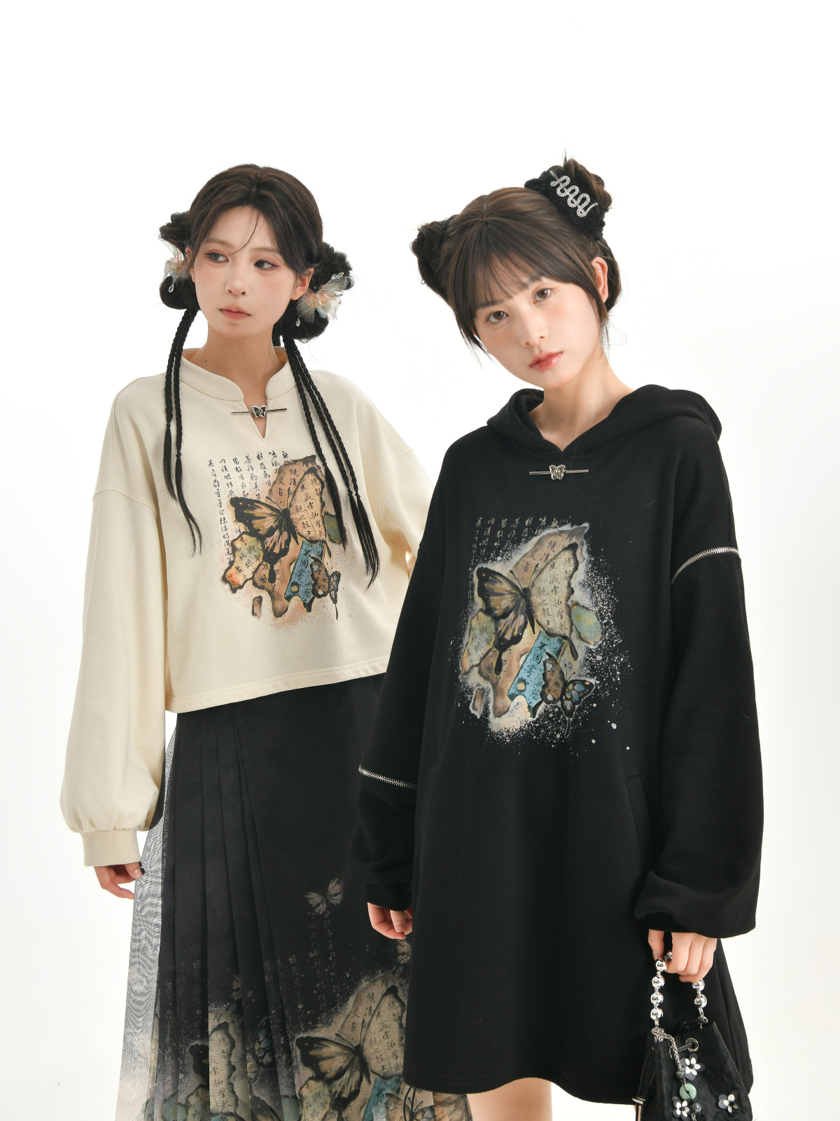 The Pile of Brocade Ash Chinese Butterfly Hooded Dress-ntbhshop