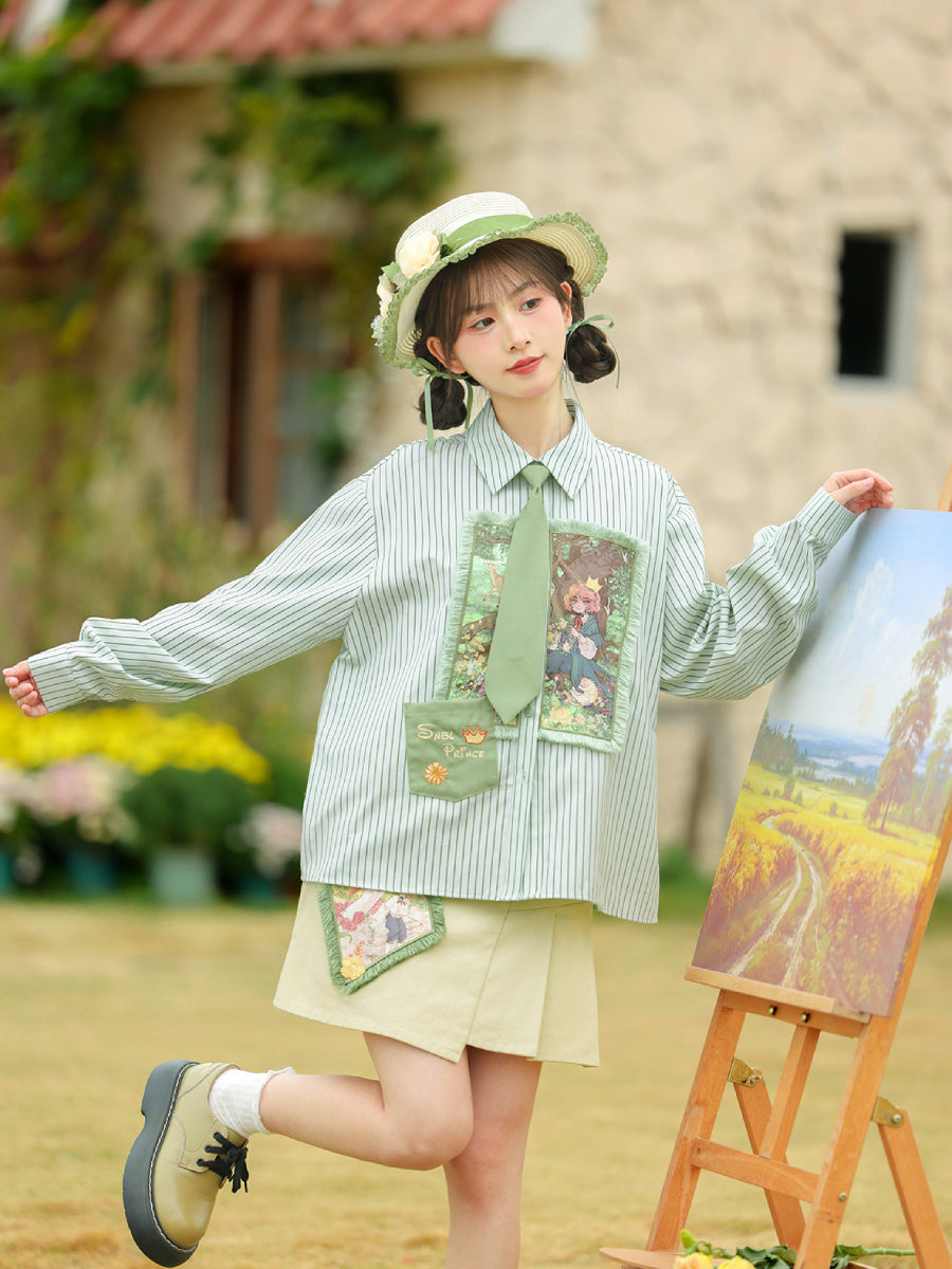Forest Prince Healing Oil Painting Boyfriend Stripe Shirt with Tie-ntbhshop