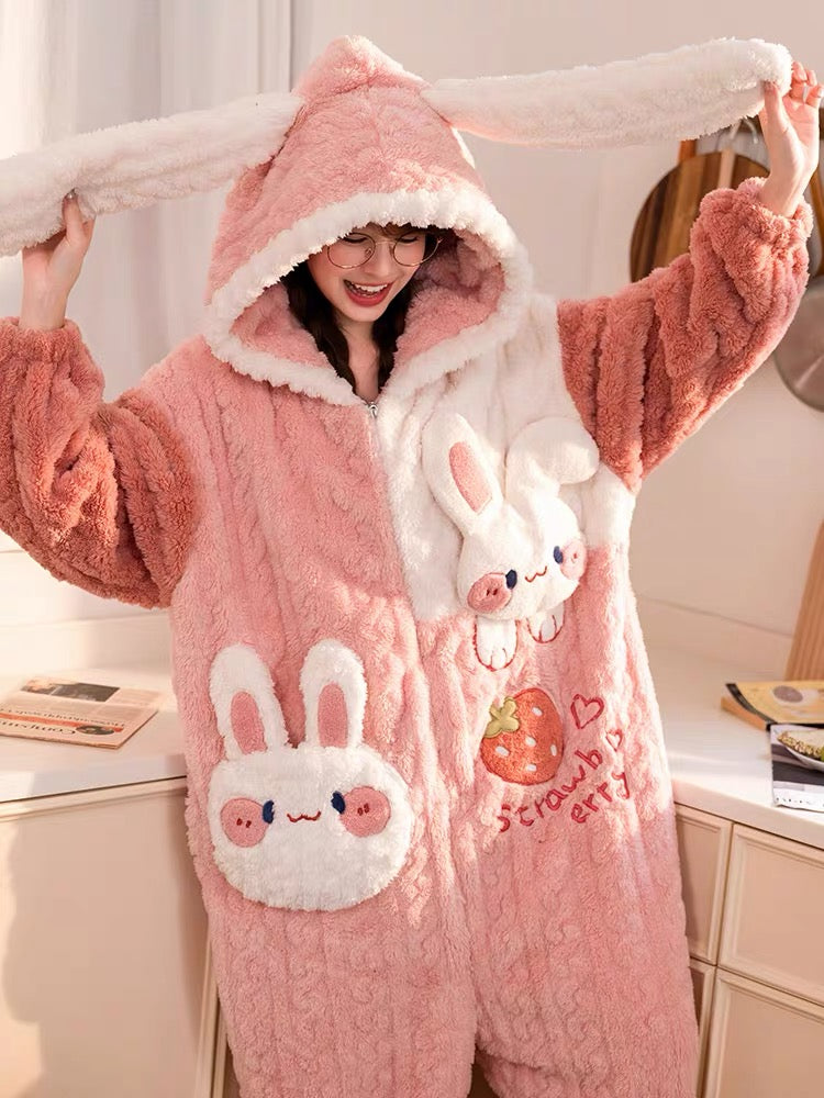 Strawberry Bunny Cozy Winter Fleece One-Piece Pajama-ntbhshop