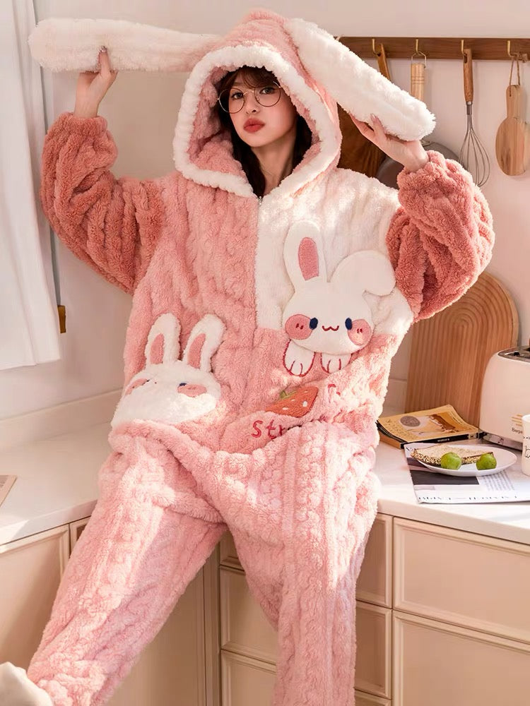 Strawberry Bunny Cozy Winter Fleece One-Piece Pajama-ntbhshop