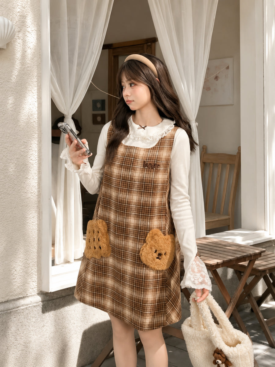 plaid dress ladies Cookie Bear Size:US: Mens 6 / Womens 8 Gray Puff Sleeve V-Neck skirt lining made of glamfashion