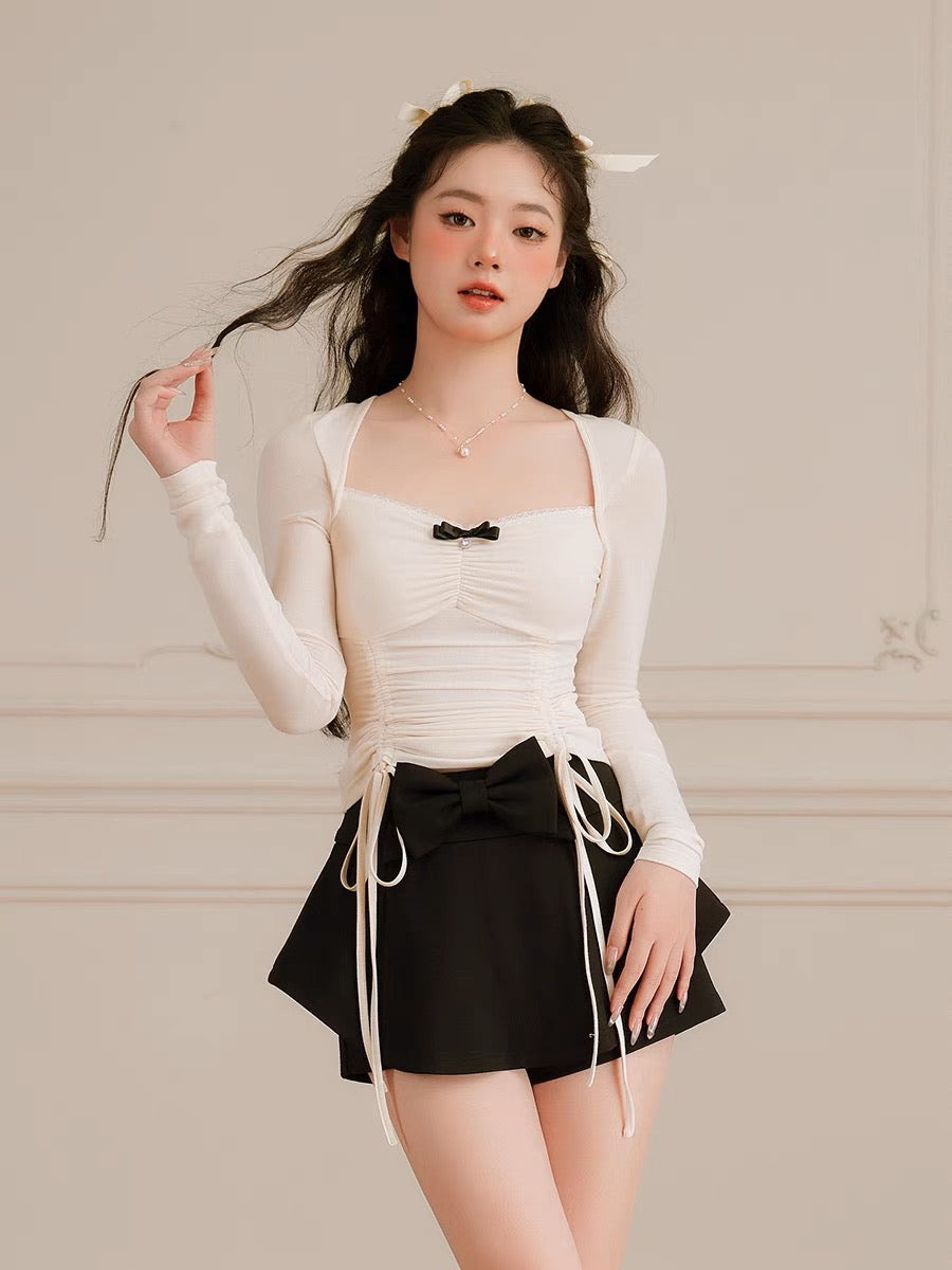 Balletcore Style Black Knit Mini Skorts with Bow Knot-ntbhshop