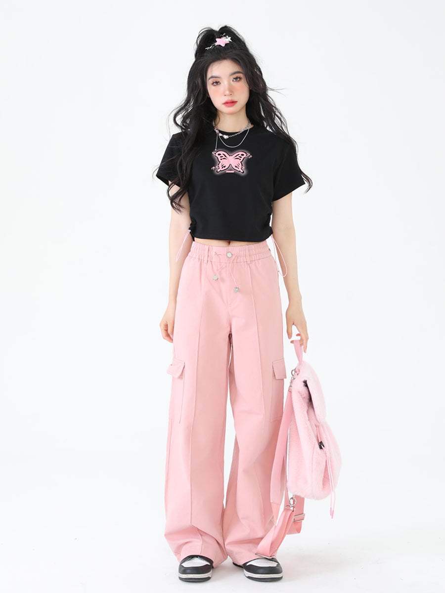 Butterfly Crop Drawstring Short Sleeve Tops-ntbhshop
