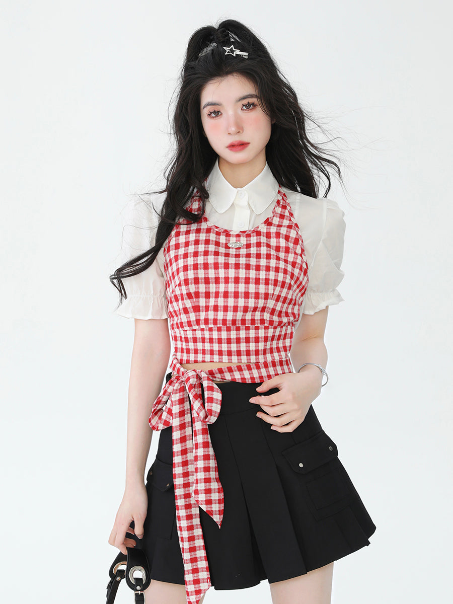 French Sweet Plaid Strap Suspenders Tops-ntbhshop