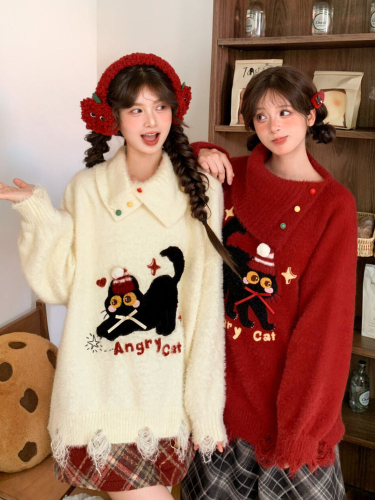 Angry Cat Whimsy Christmas Knit Sweaters-ntbhshop