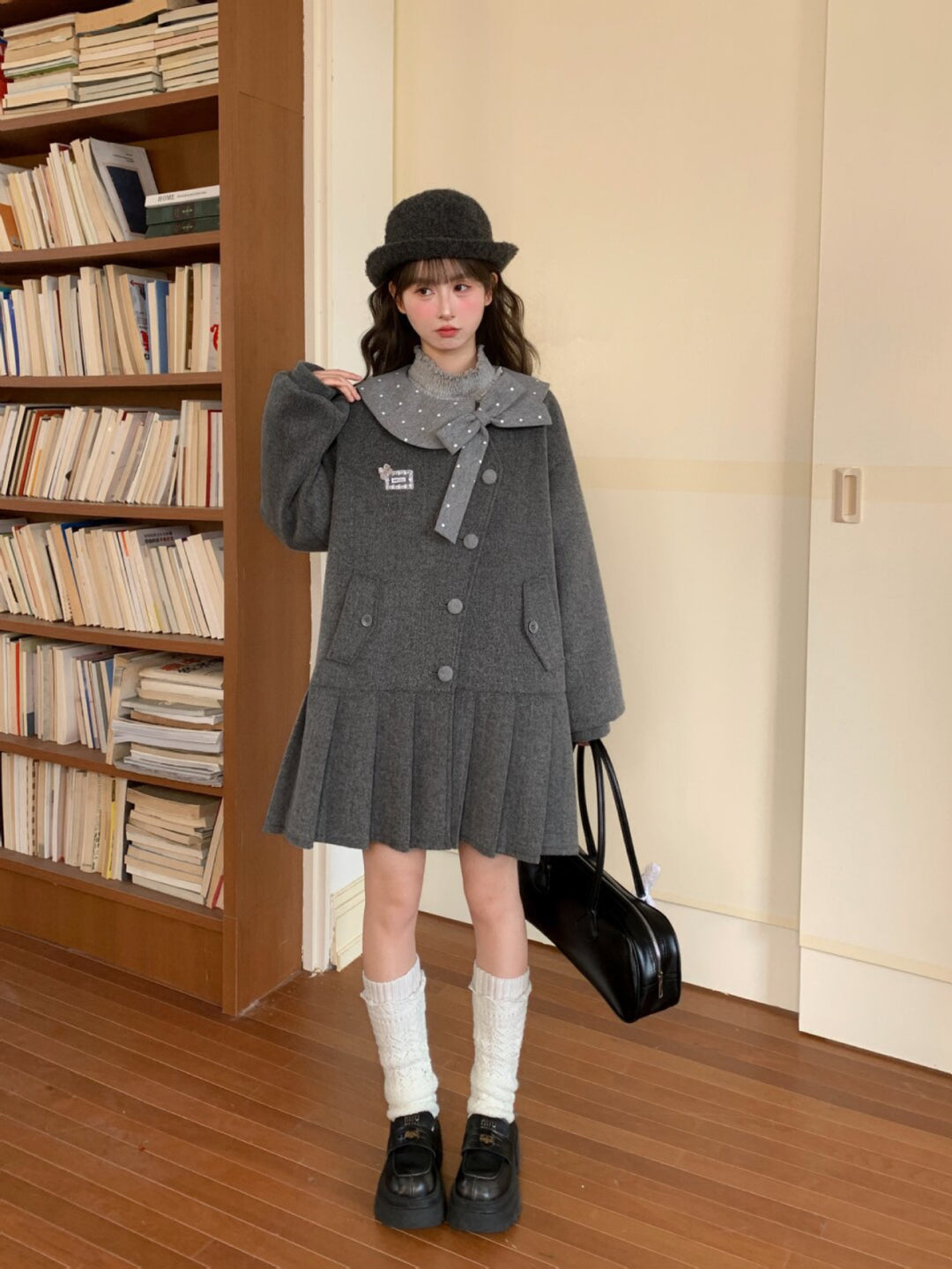 Grey Library Bow Woolen Coat-ntbhshop