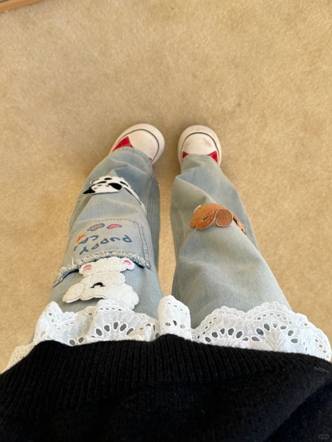 Puppy Cat Party Cute Patch Denim Wide-Leg Jeans-ntbhshop