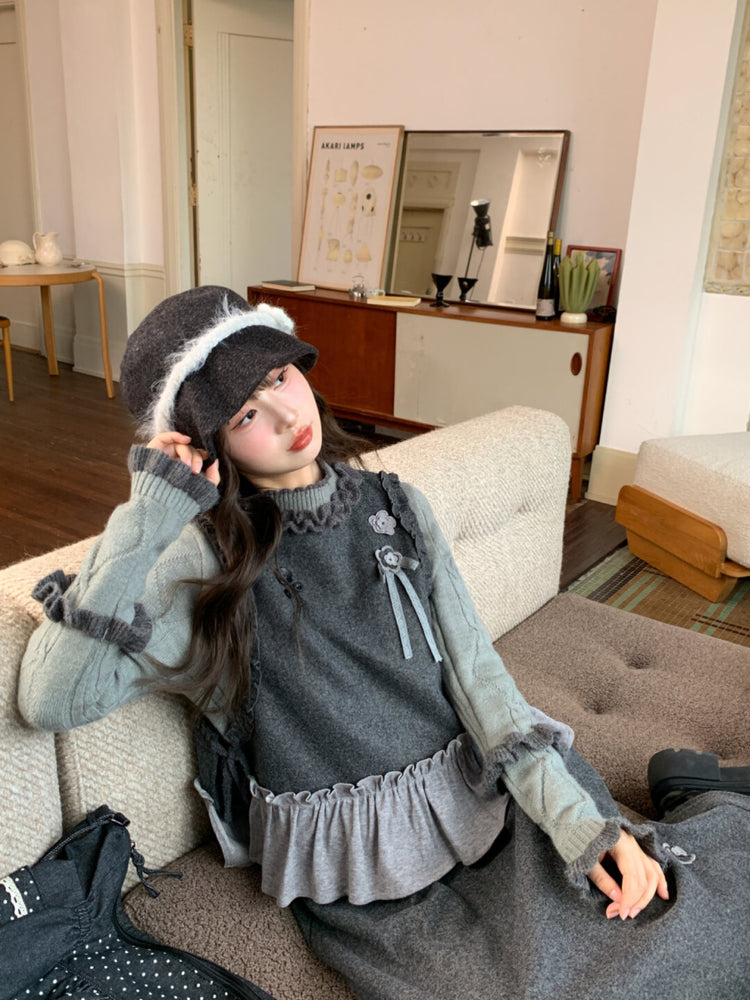 Ink Petal Ruffle Wool Vest-ntbhshop