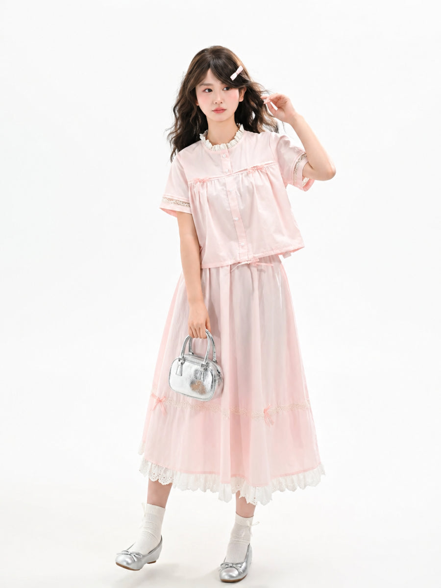 Rose Milk Cotton Blouse & Skirt-Sets-ntbhshop