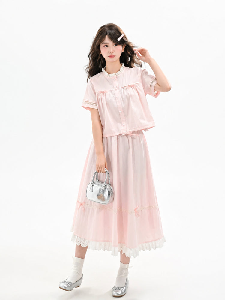Rose Milk Cotton Blouse & Skirt-Sets-ntbhshop