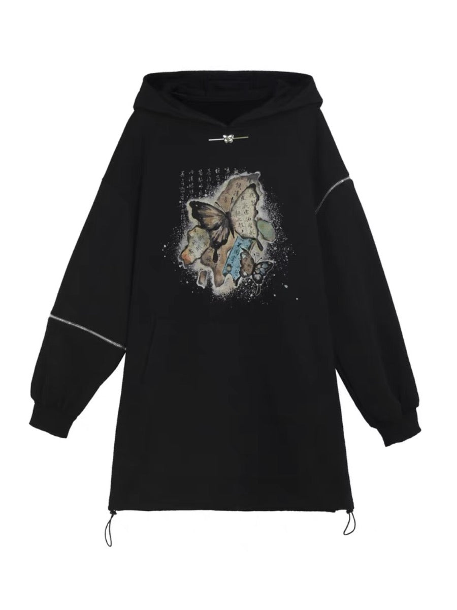 The Pile of Brocade Ash Chinese Butterfly Hooded Dress-ntbhshop