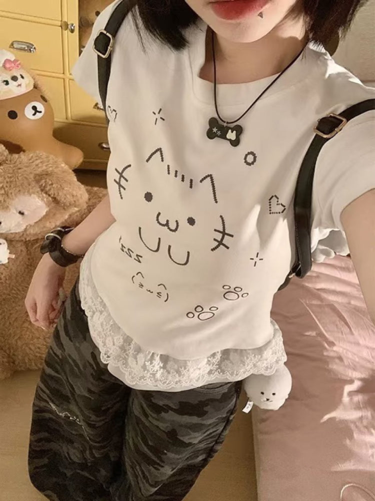 Emoji Cat Lace Layer Tee-ntbhshop