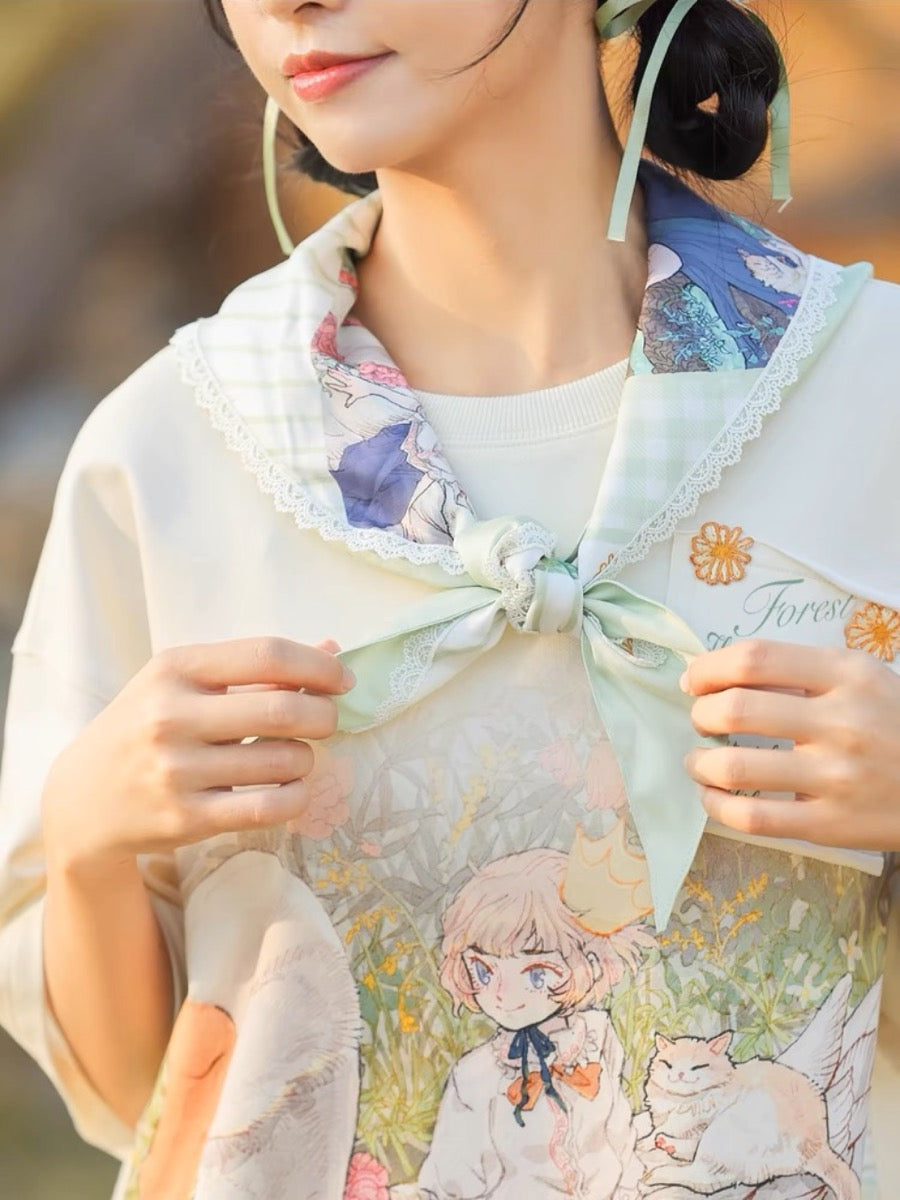 Forest Prince Fairy Tale Healing Printed Triangle Silk Scarf-ntbhshop