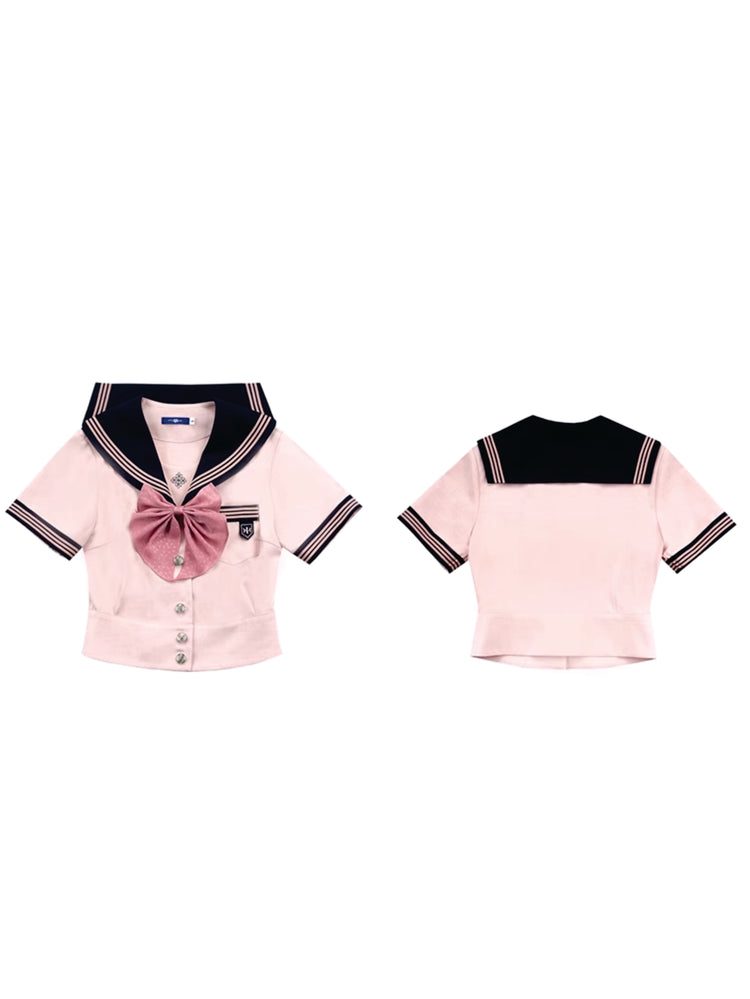 Sakura Petals Japanese Sailor Collar Short-sleeved JK Uniform Blouse-ntbhshop
