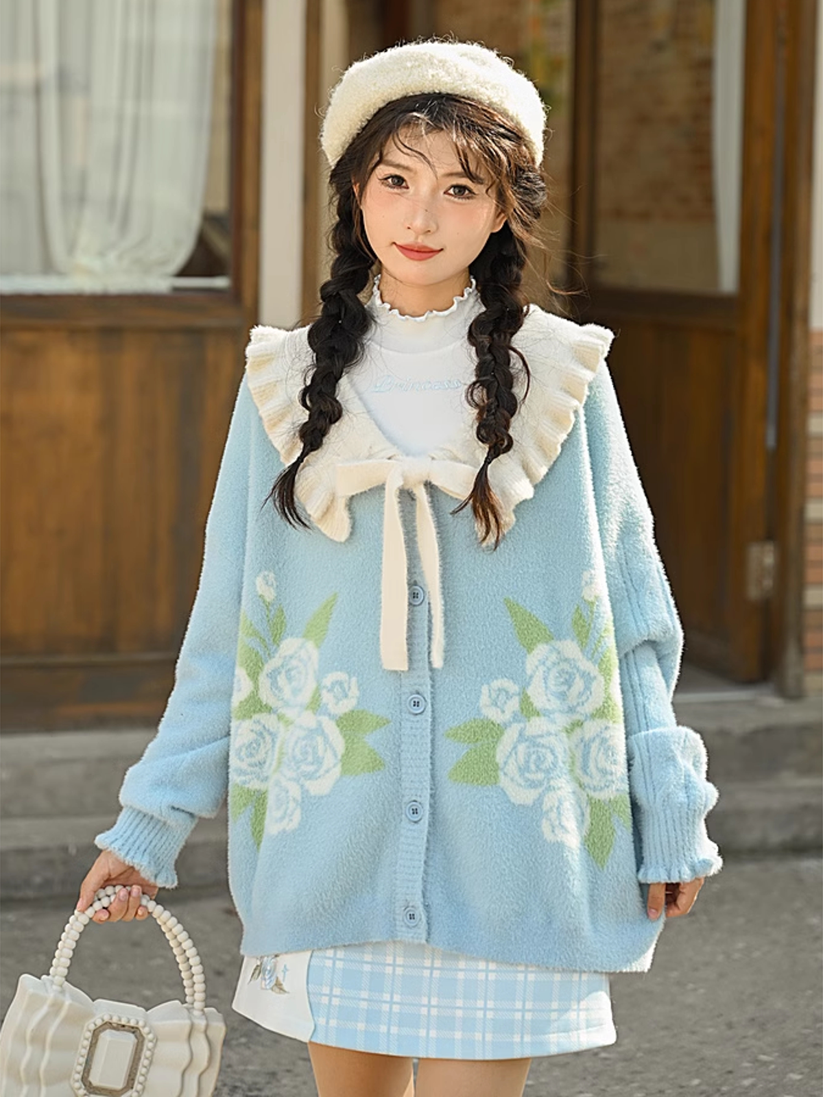 Blue Rose Ruffle Doll Collar Wool Cardigan-ntbhshop