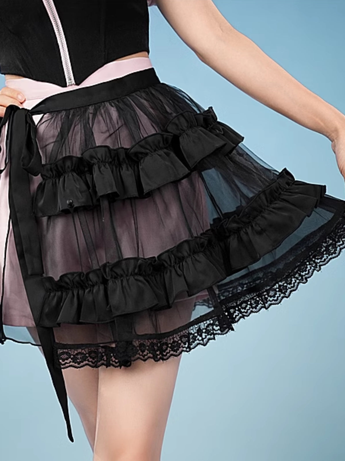 Dark Balletcore Lace Tulle Ribbon Skirt-ntbhshop