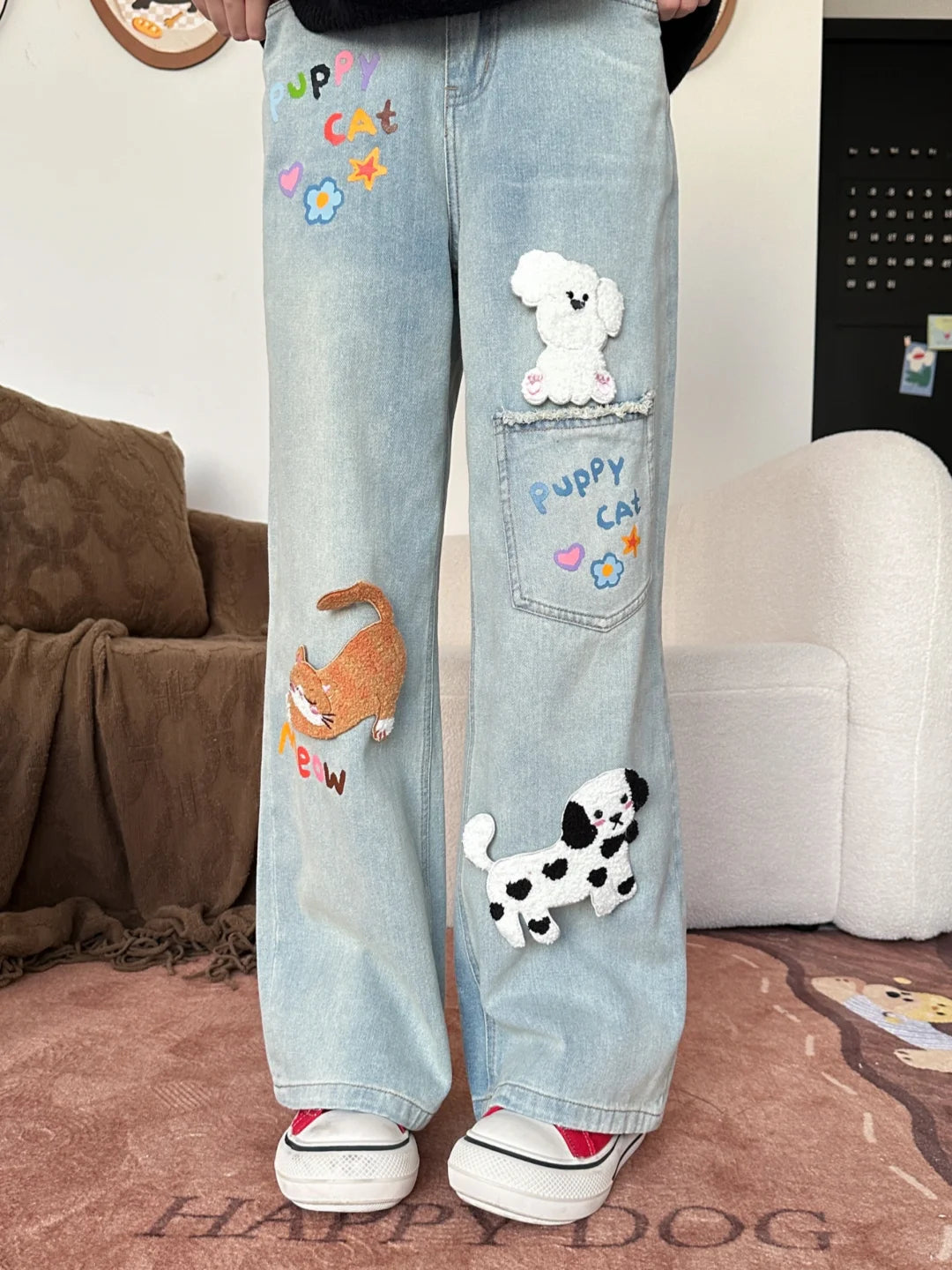 Puppy Cat Party Cute Patch Denim Wide-Leg Jeans-ntbhshop