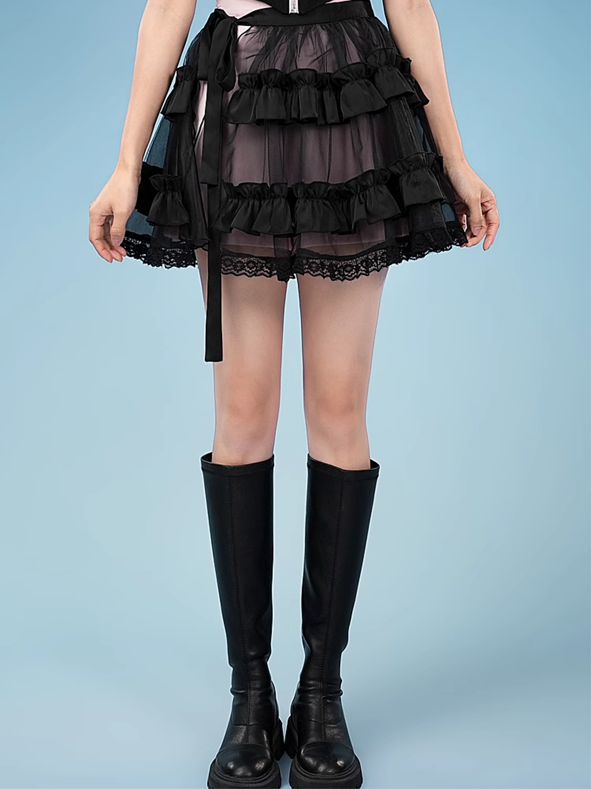 Dark Balletcore Lace Tulle Ribbon Skirt-ntbhshop