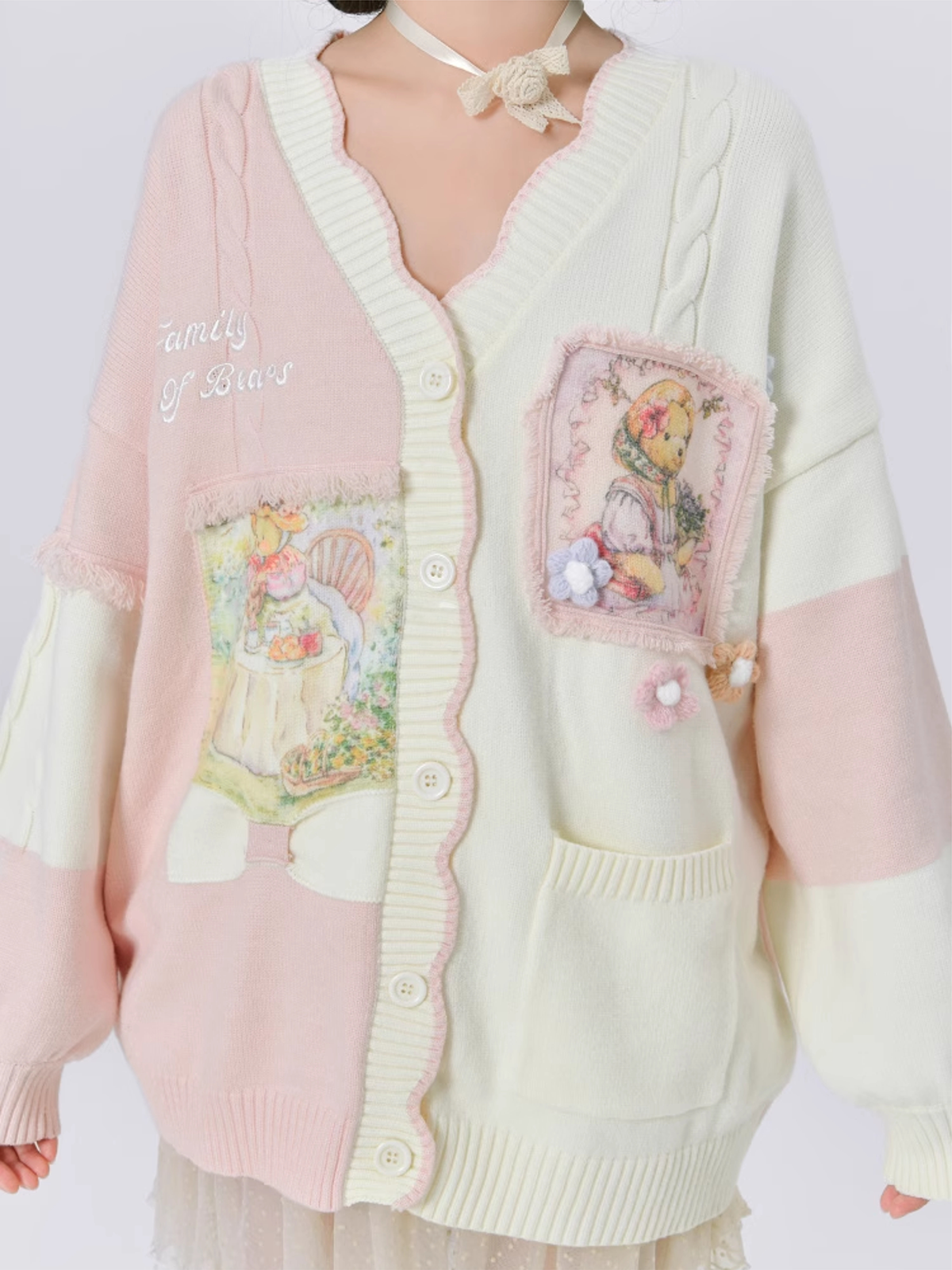 Soft and Cute Family of Bears Two-Tone Knitted Cardigan & Lace Collar-ntbhshop