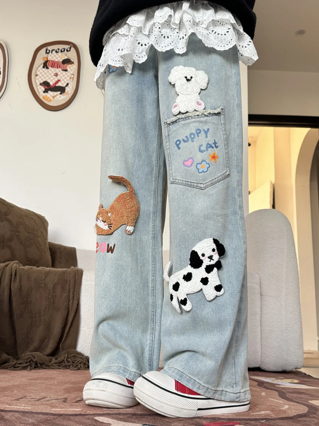 Puppy Cat Party Cute Patch Denim Wide-Leg Jeans-ntbhshop