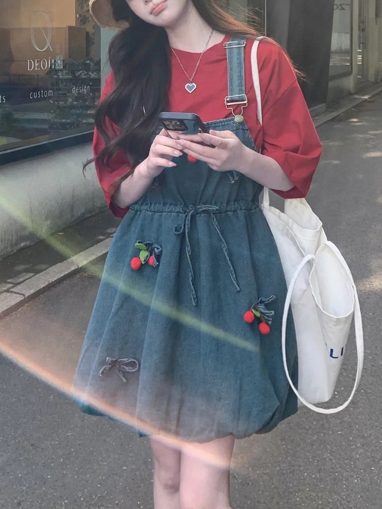 Cherry Pop Princess Oversize Tee & Denim Dress Set-ntbhshop