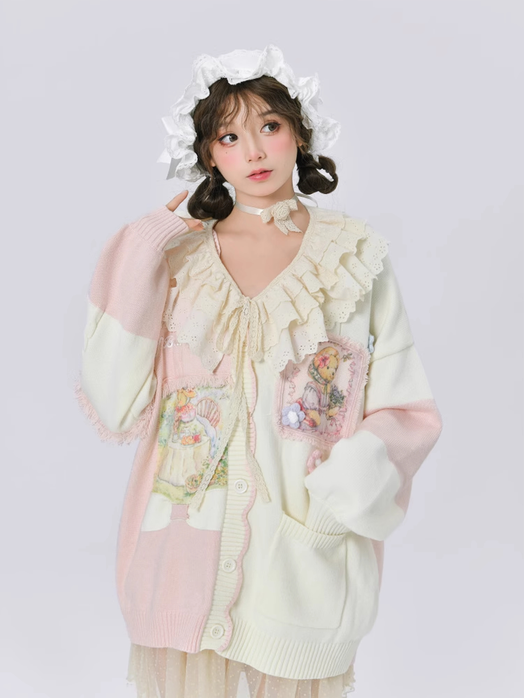 Family of Bears Knit Cardigan & Lace Collar-ntbhshop