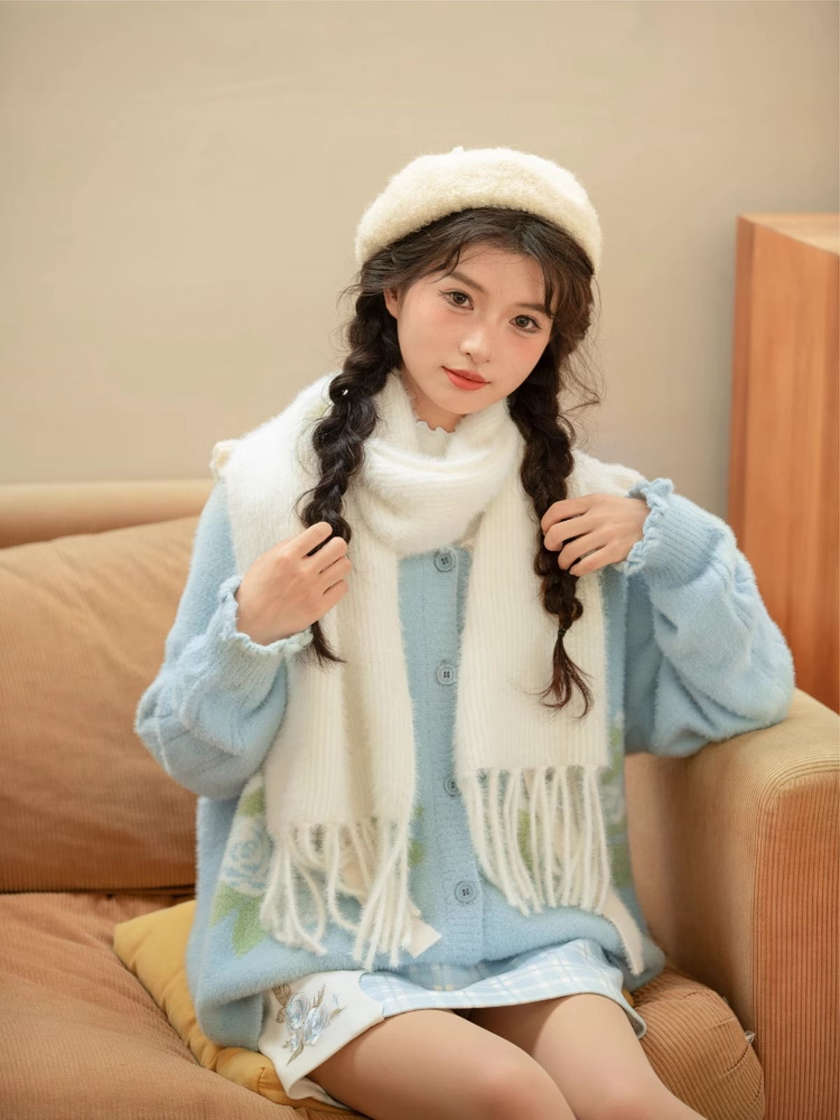 Blue Rose Ruffle Doll Collar Wool Cardigan-ntbhshop