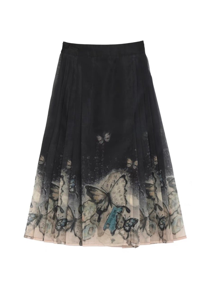 The Pile of Brocade Ash Chinese Butterfly Pleated Skirts-ntbhshop