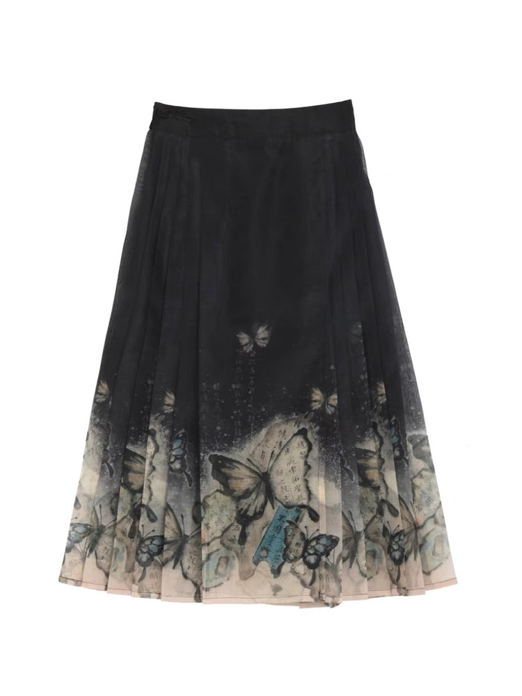 The Pile of Brocade Ash Chinese Butterfly Pleated Skirts-ntbhshop