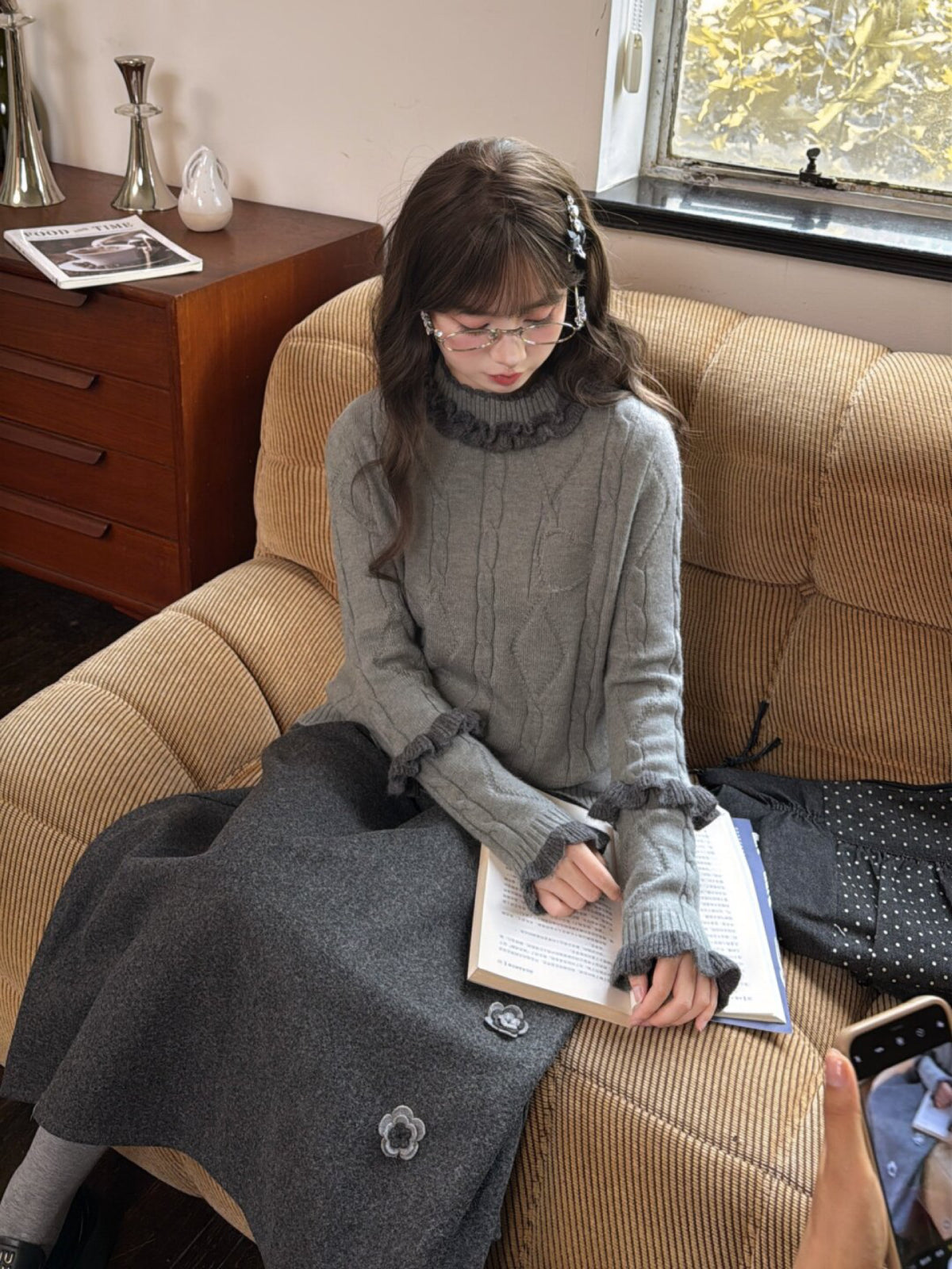 Ink Ruffle Cable Knit Sweater-ntbhshop