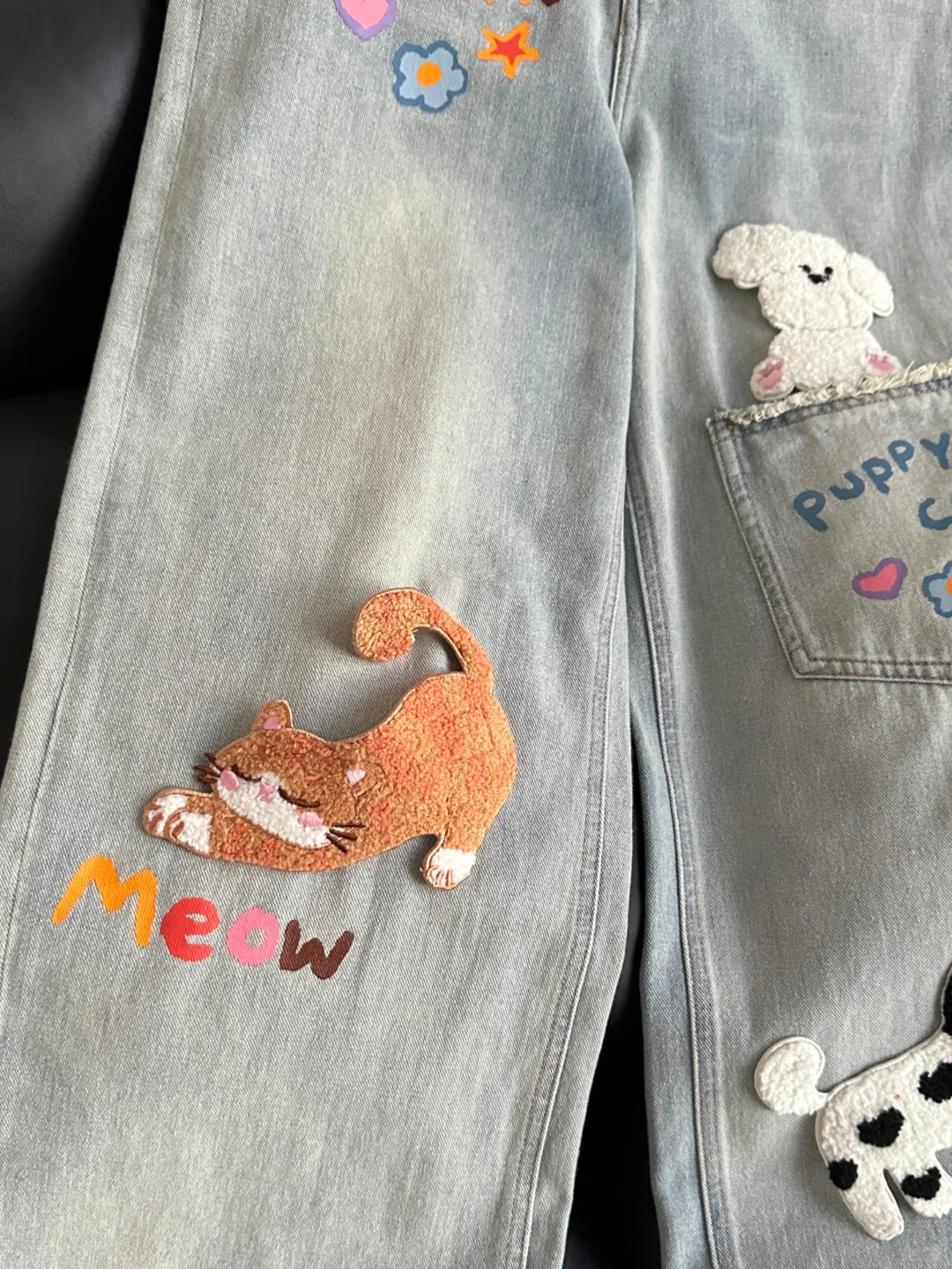 Puppy Cat Party Cute Patch Denim Wide-Leg Jeans-ntbhshop