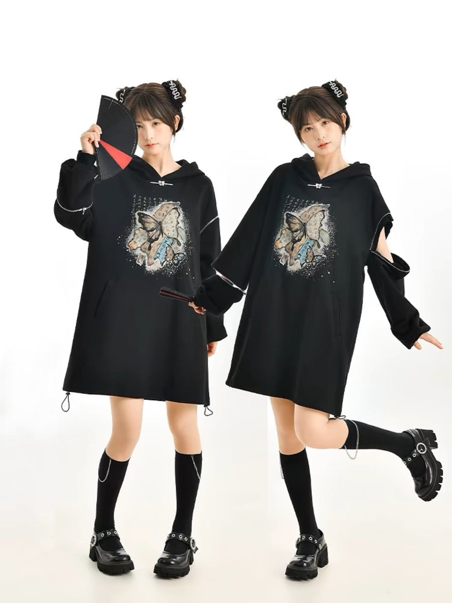 The Pile of Brocade Ash Chinese Butterfly Hooded Dress-ntbhshop