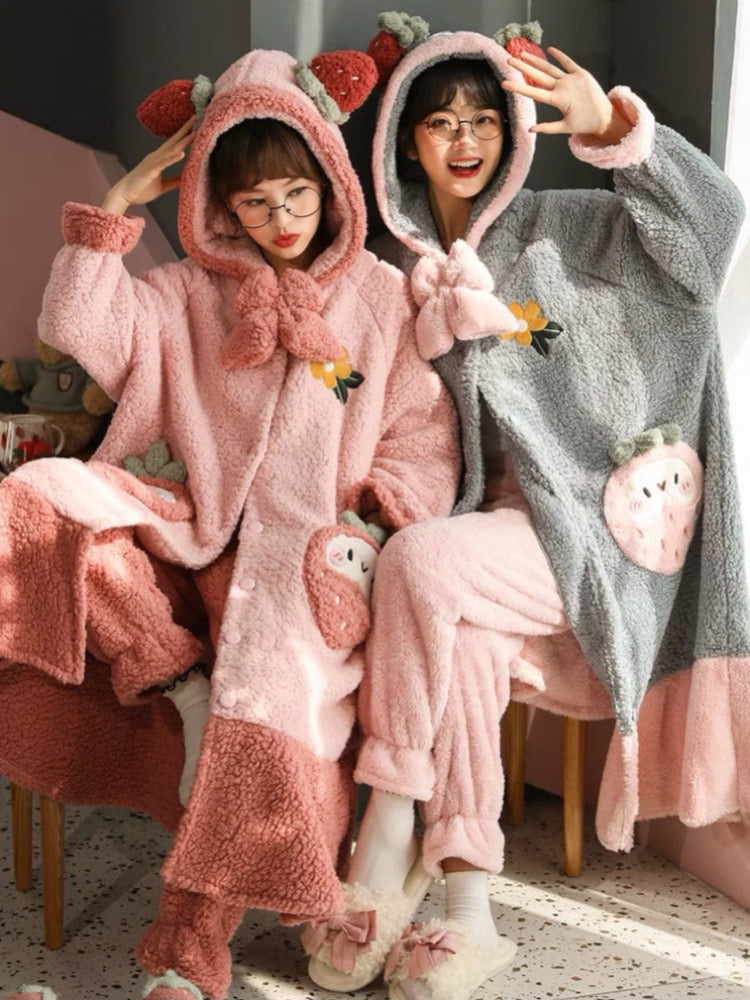 Strawberry Swirl Cozy Winter Fleece Sleepwear Nightgown Set-ntbhshop