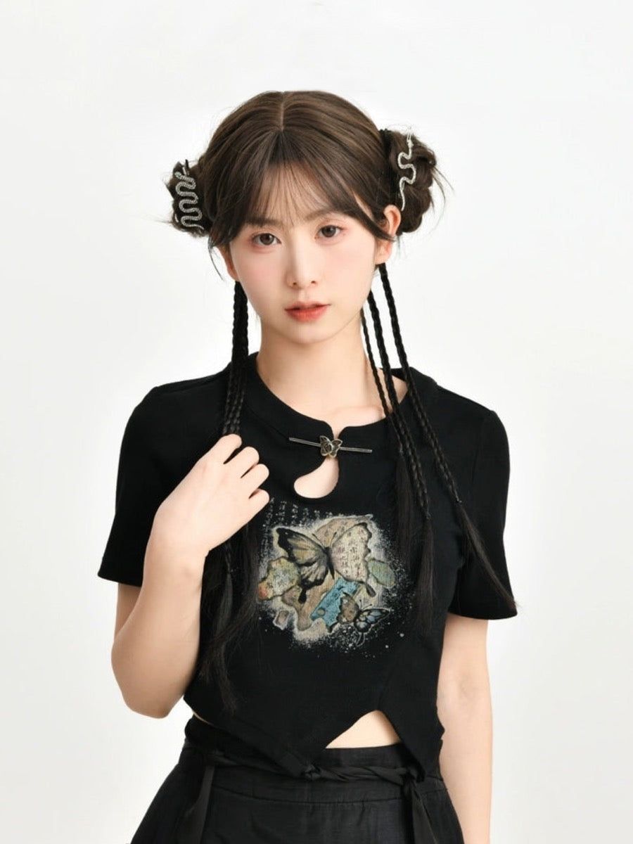 The Pile of Brocade Ash Chinese Butterfly Crop Tops-ntbhshop