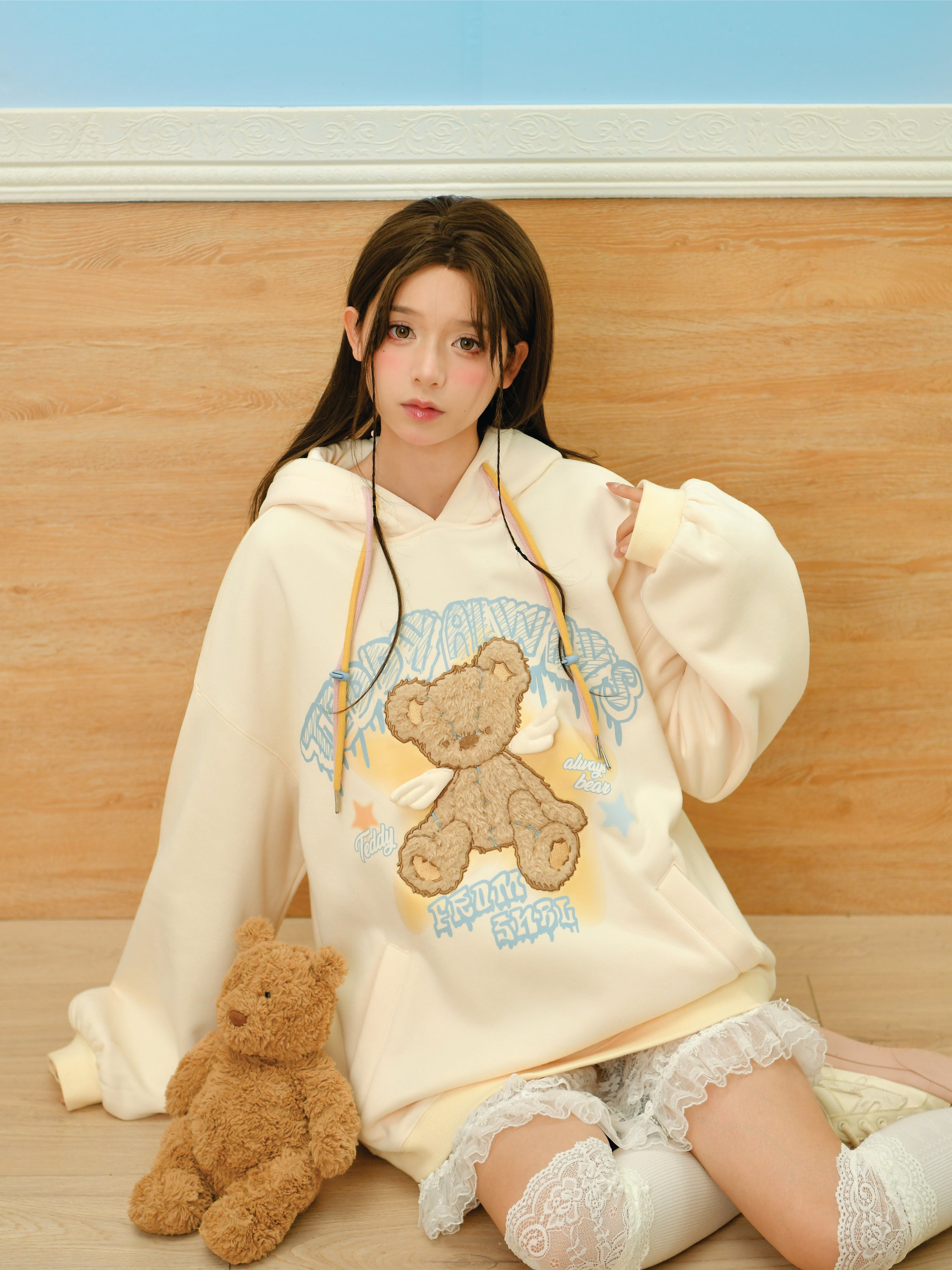 Teddy Always Cute Angel Bear Inner Fleece Hoodie-ntbhshop