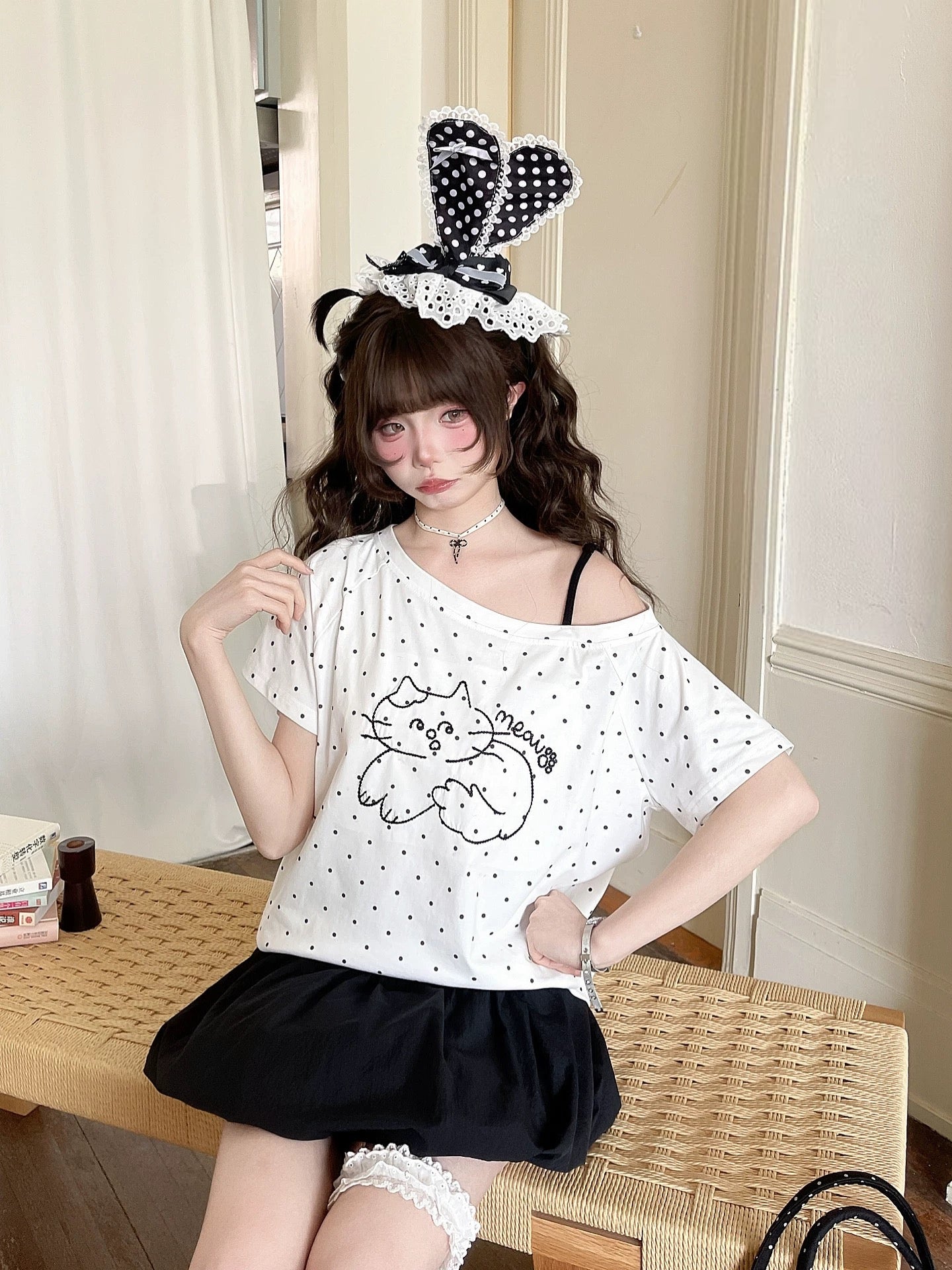 Polka Dot Meow Slant Top-Tops-ntbhshop