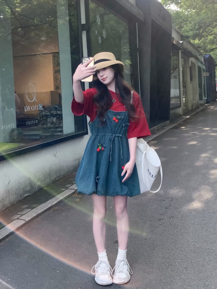 Cherry Pop Princess Oversize Tee & Denim Dress Set-ntbhshop
