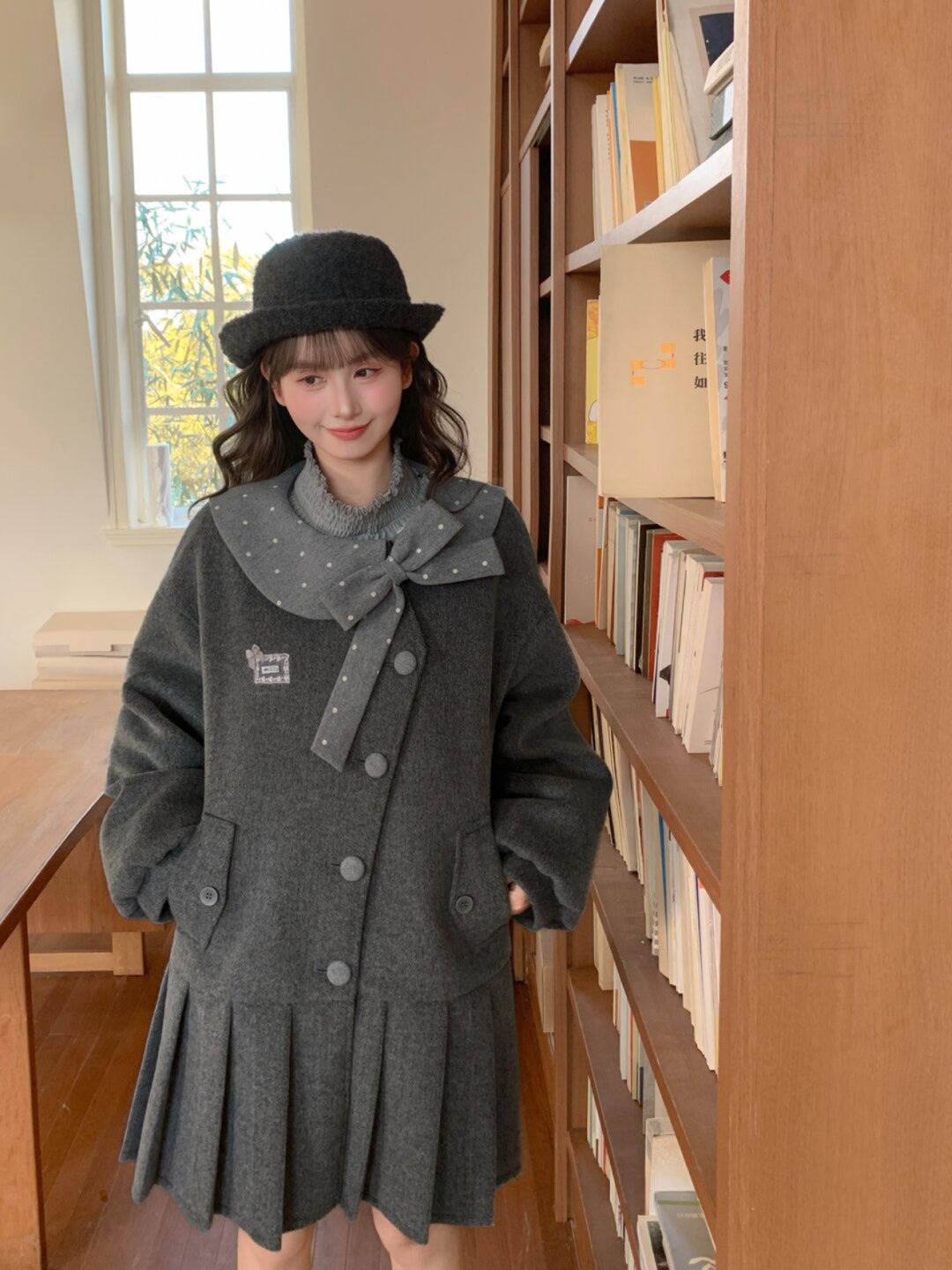 Grey Library Bow Woolen Coat-ntbhshop
