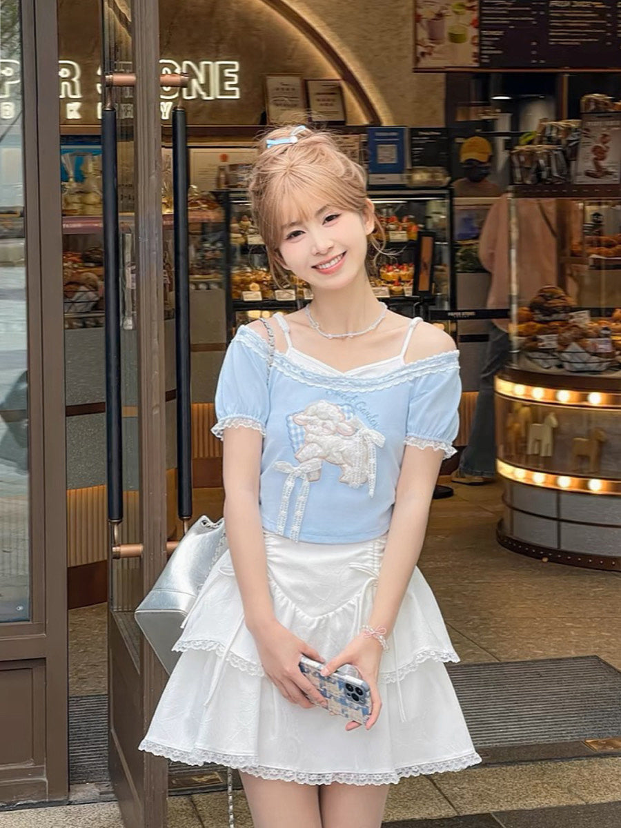 Lamb Love Cute Patch Short Sleeve Tee & Off Shoulder Top-ntbhshop