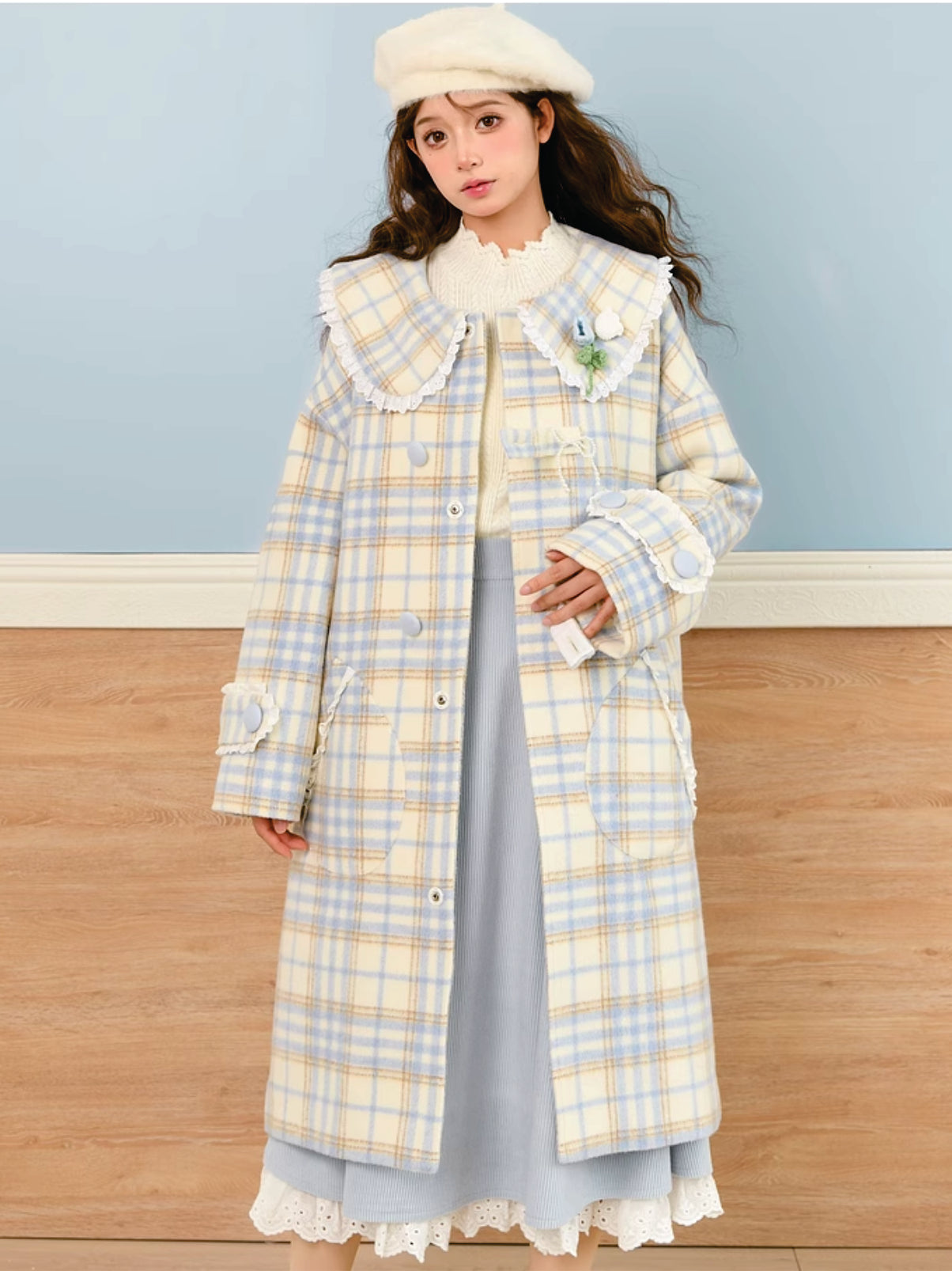Enchanted Grove Doll Dream Lapel Plaid Woolen Mid-Length Coat-ntbhshop