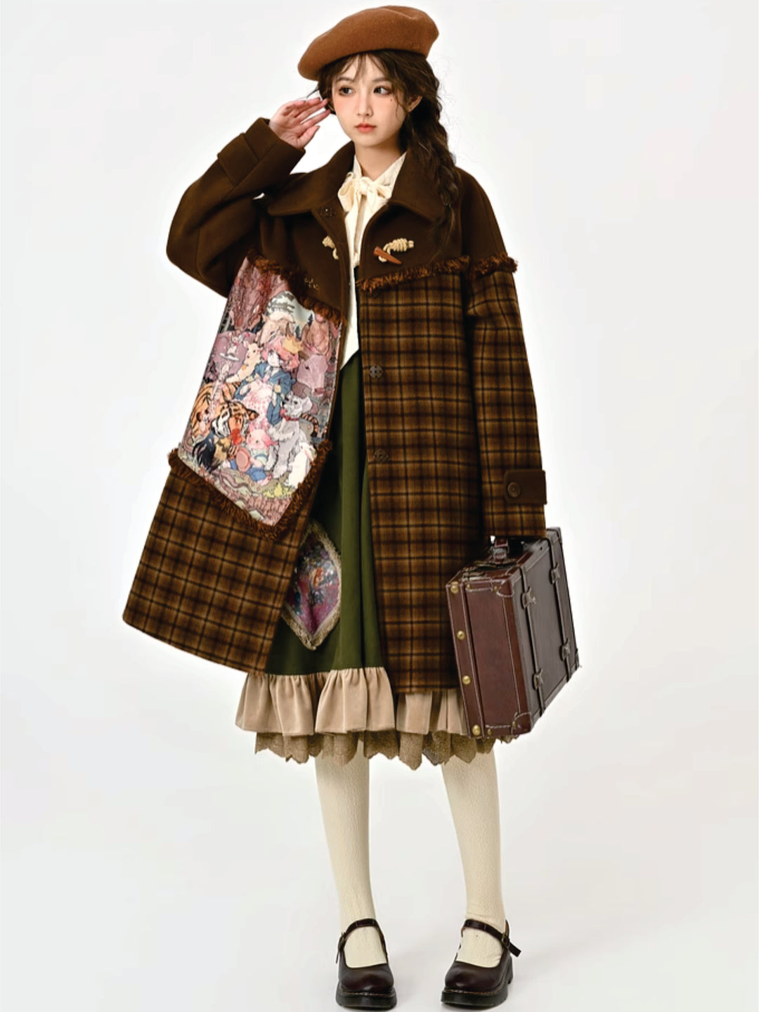 Maillard Plaid Stitched Loose Fit Oil Painting Drape Coat-ntbhshop