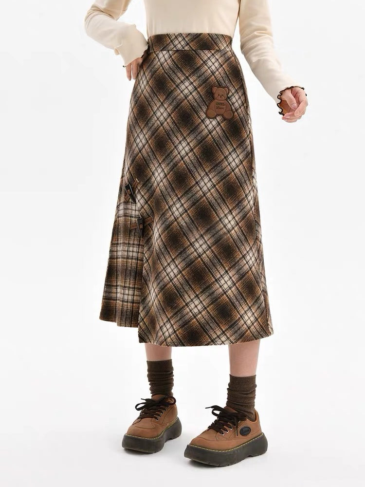Teddy Plaid Midi Skirt-Bottoms-ntbhshop