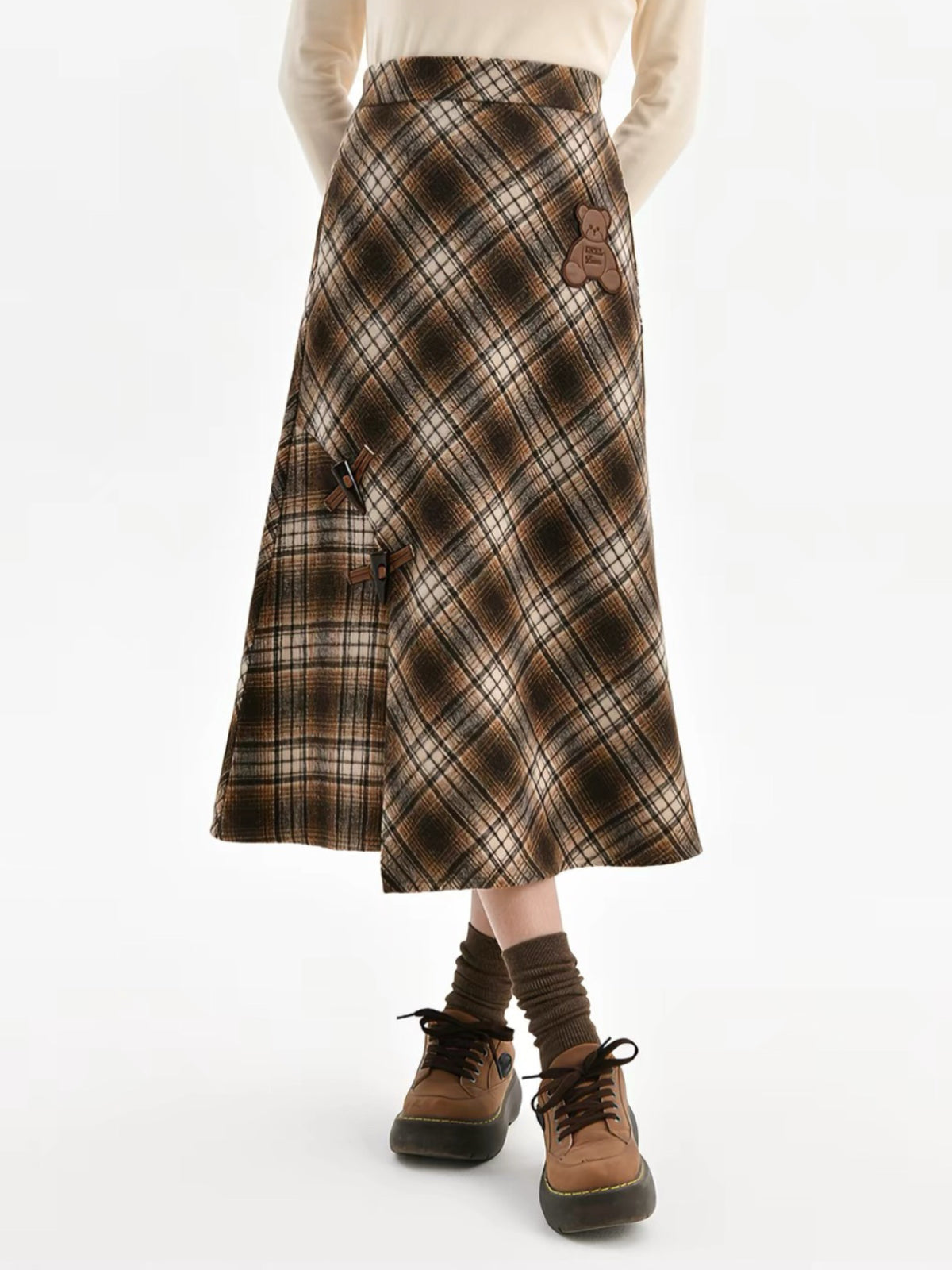 Teddy Plaid Midi Skirt-Bottoms-ntbhshop