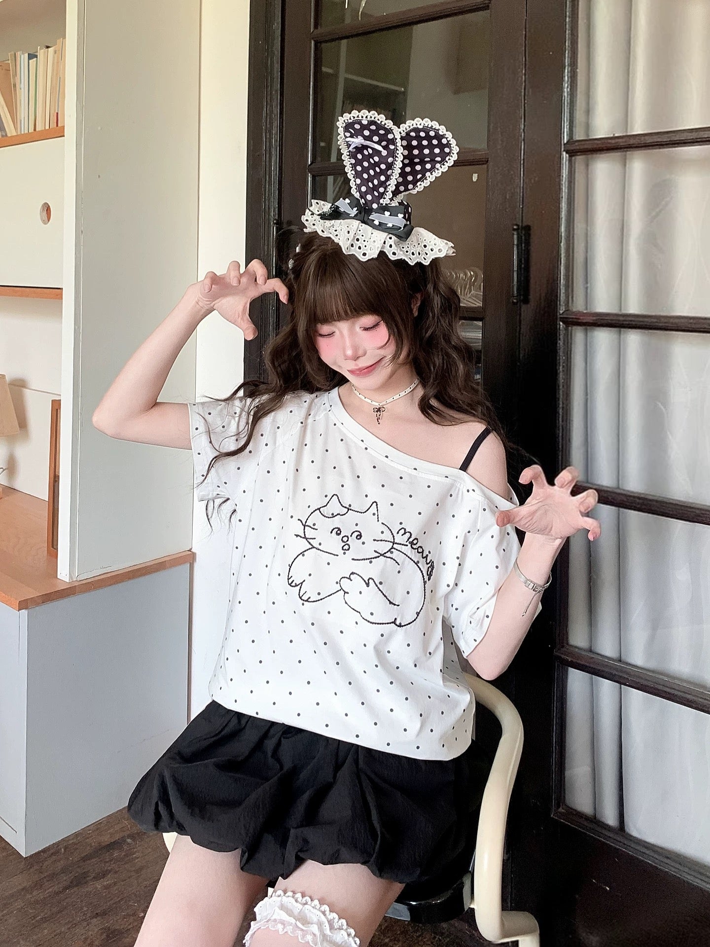 Polka Dot Meow Slant Top-Tops-ntbhshop