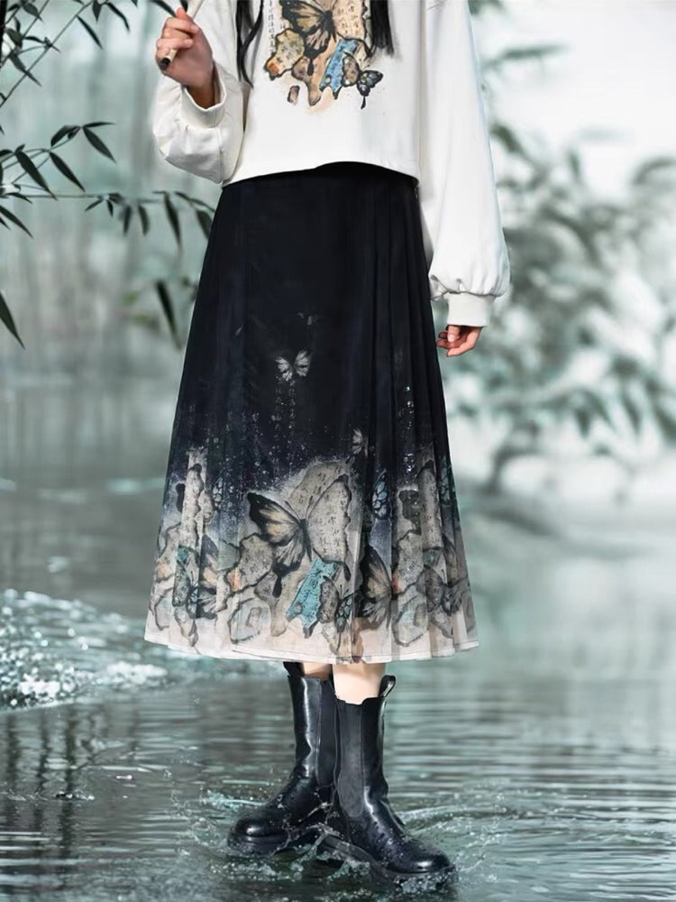 The Pile of Brocade Ash Chinese Butterfly Pleated Skirts-ntbhshop