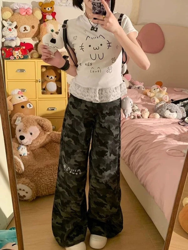 Emoji Cat Lace Layer Tee-ntbhshop