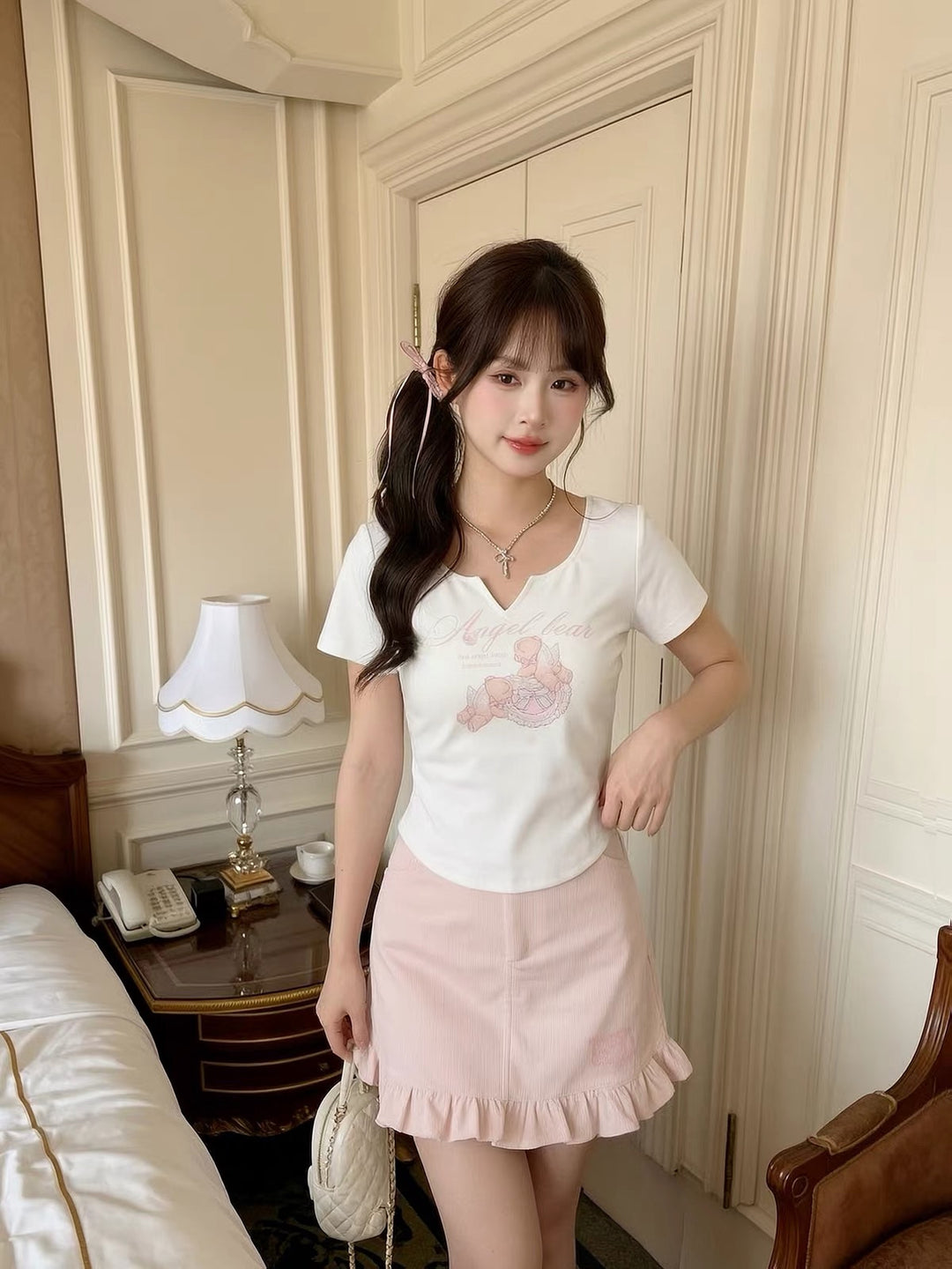 Angel Bear V-Neck Tee-Tops-ntbhshop