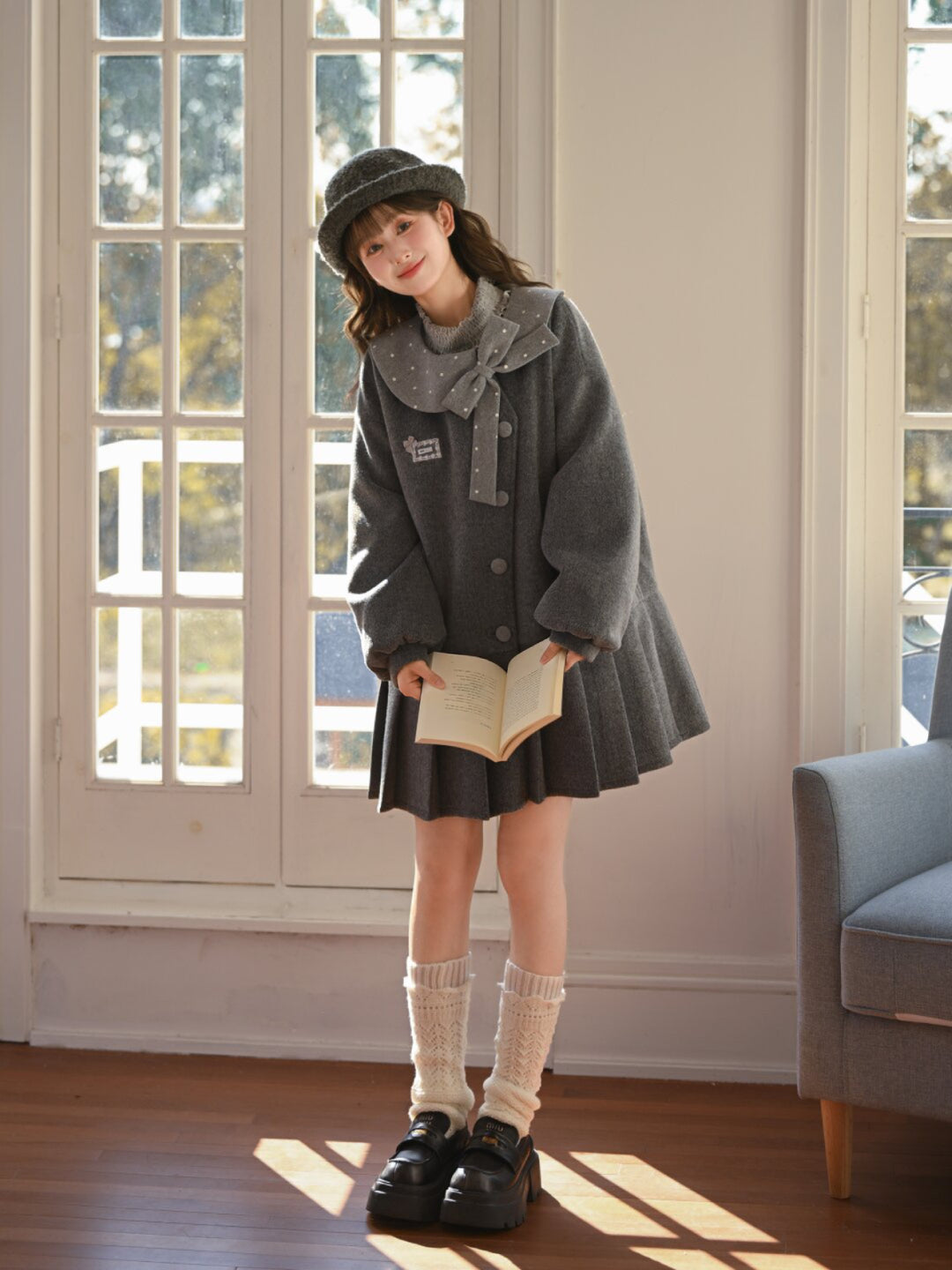 Grey Library Bow Woolen Coat-ntbhshop
