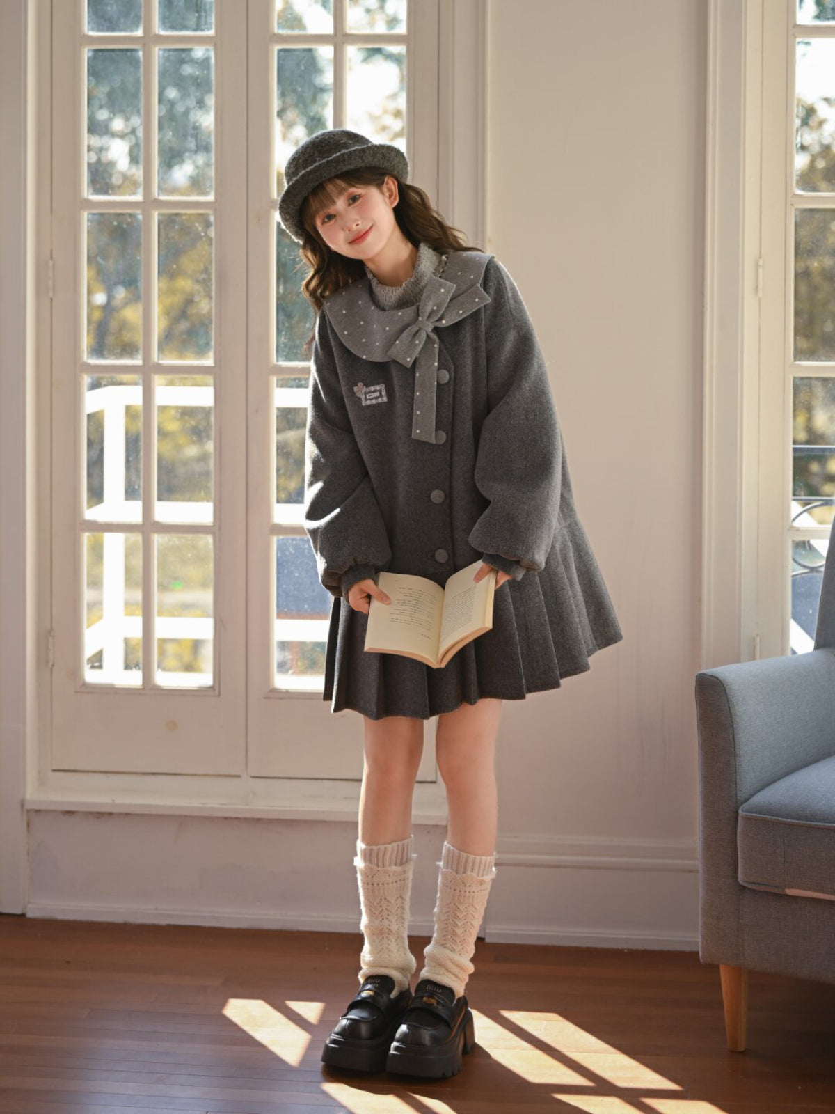 Grey Library Bow Woolen Coat-ntbhshop