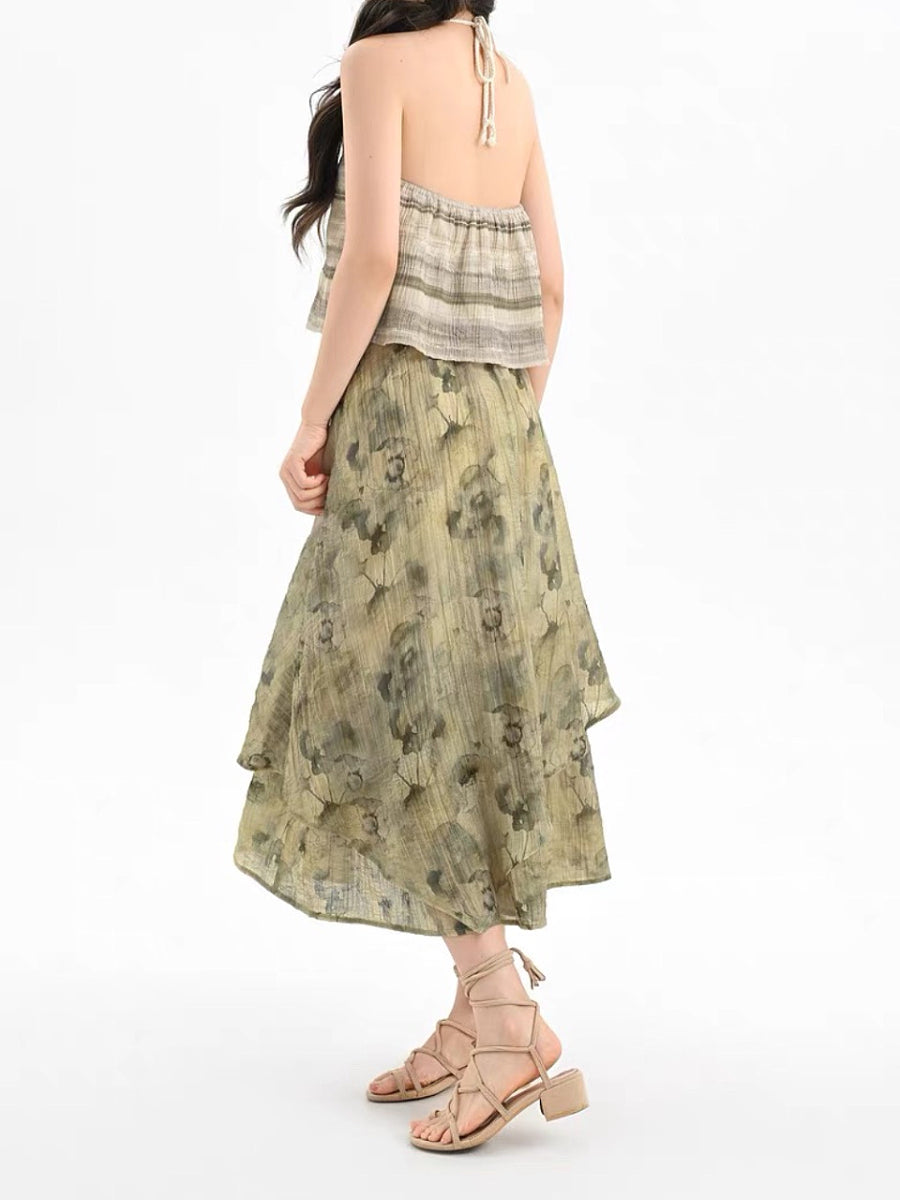 Dali Dream Ethnic Dye Midi Skirt with Belt-ntbhshop